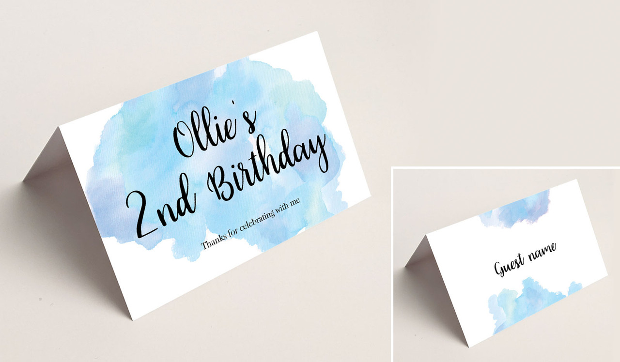 A Splash Of Watercolour Blue Kids Party Place Cards With Guest Names