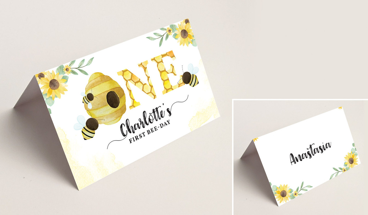 Bee 1st Birthday Kids Party Place Cards With Guest Names
