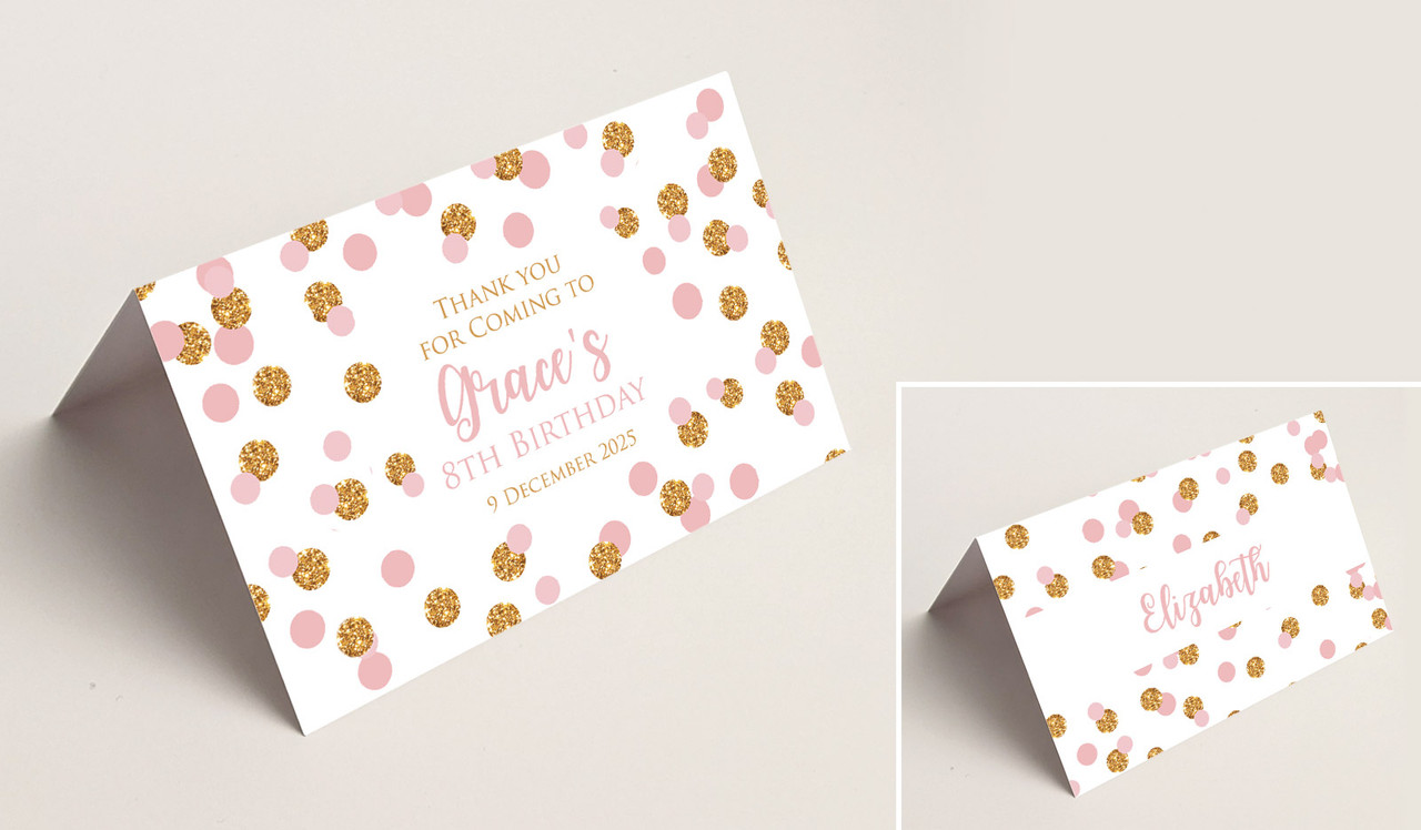 Confetti Pink And Gold Kids Party Place Cards With Guest Names