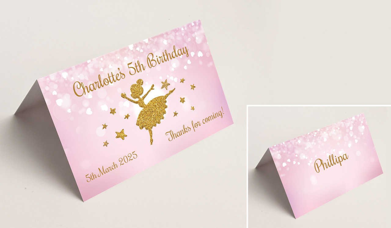 Golden Ballerina Kids Party Place Cards With Guest Names