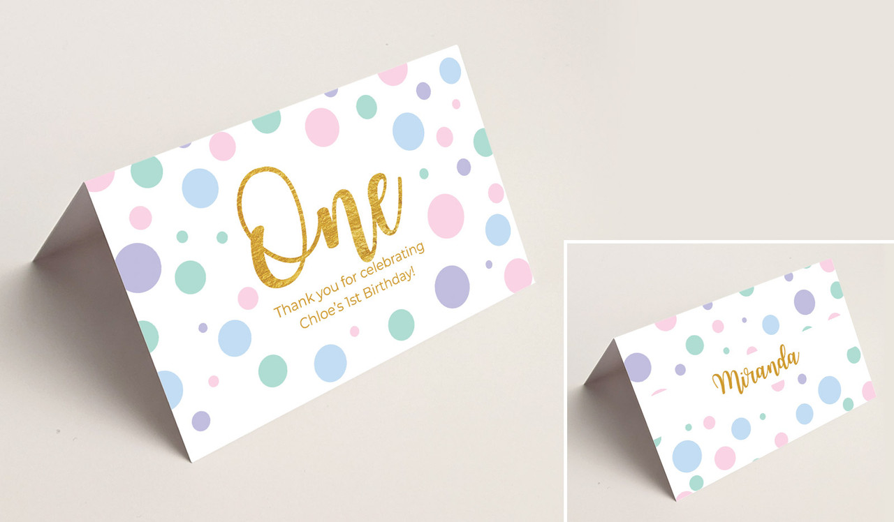 Pastel Dots Kids Party Place Cards With Guest Names