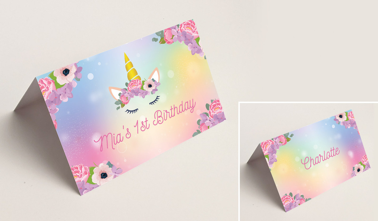 Sparkle Unicorn Kids Party Place Cards With Guest Names