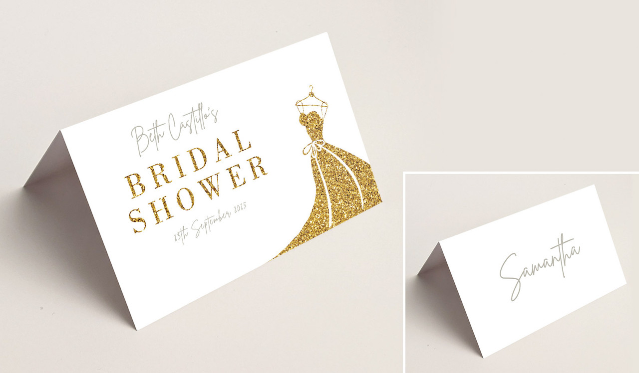 Glitter Dress Bridal Shower Place Cards With Guest Names