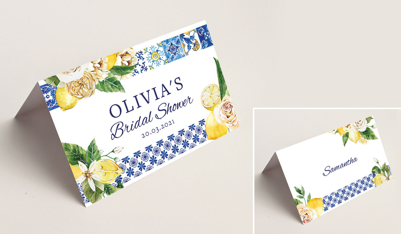 Mediterranean Bridal Shower Place Cards With Guest Names