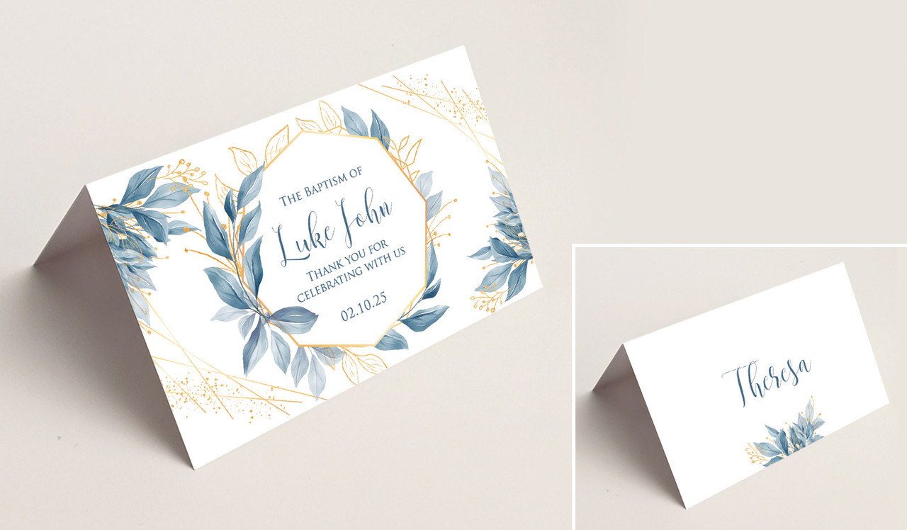 Blue Leaves Christening Place Cards With Guest Names