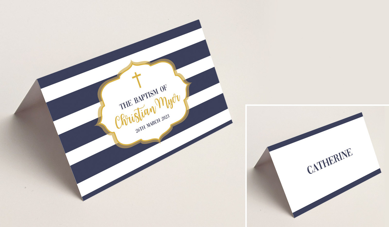 Bold Stripe And Gold Christening Place Cards With Guest Names