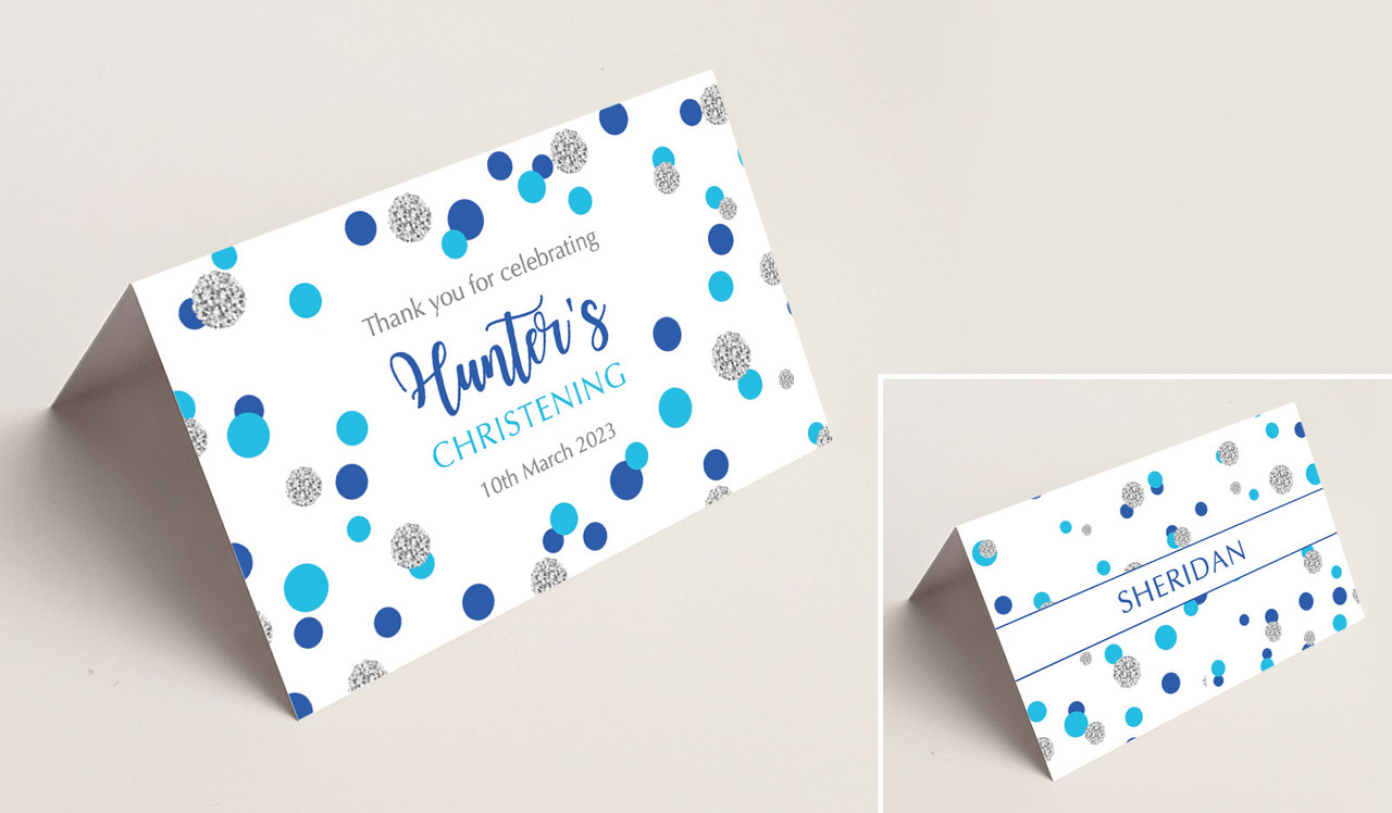 Confetti Blue Christening Place Cards With Guest Names