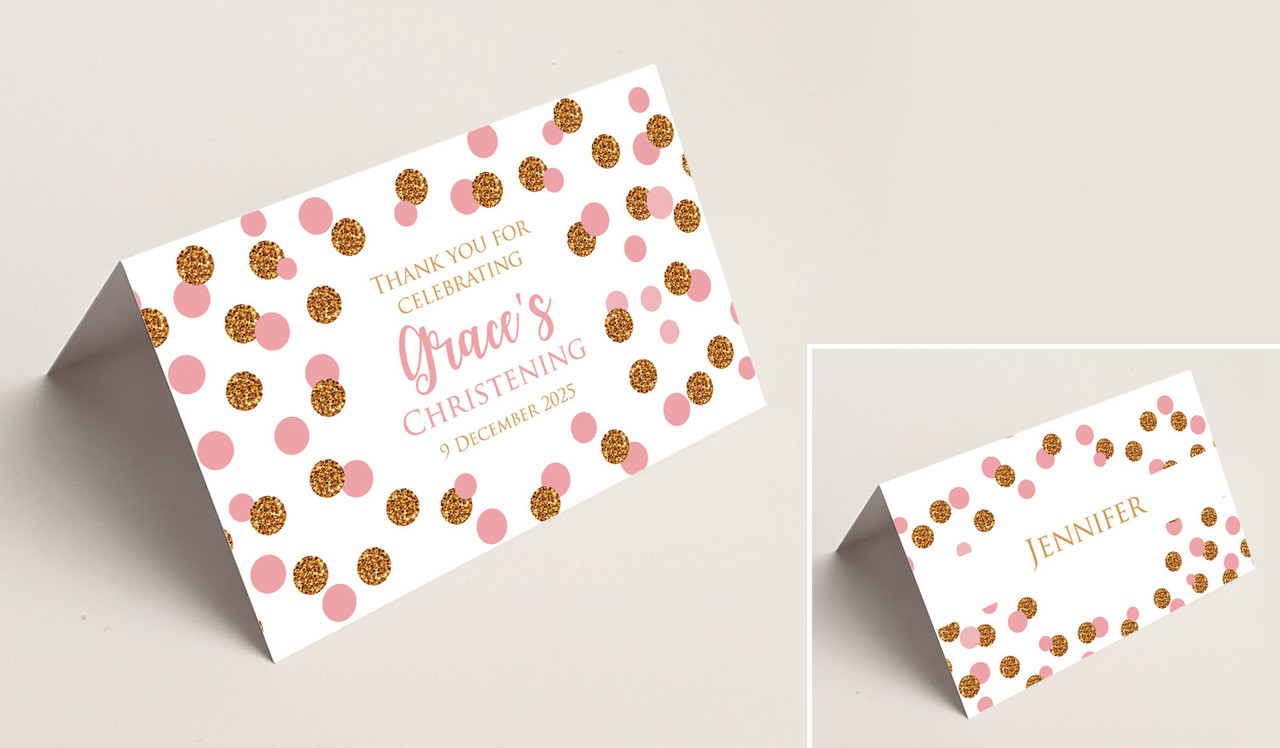 Confetti Pink Christening Place Cards With Guest Names