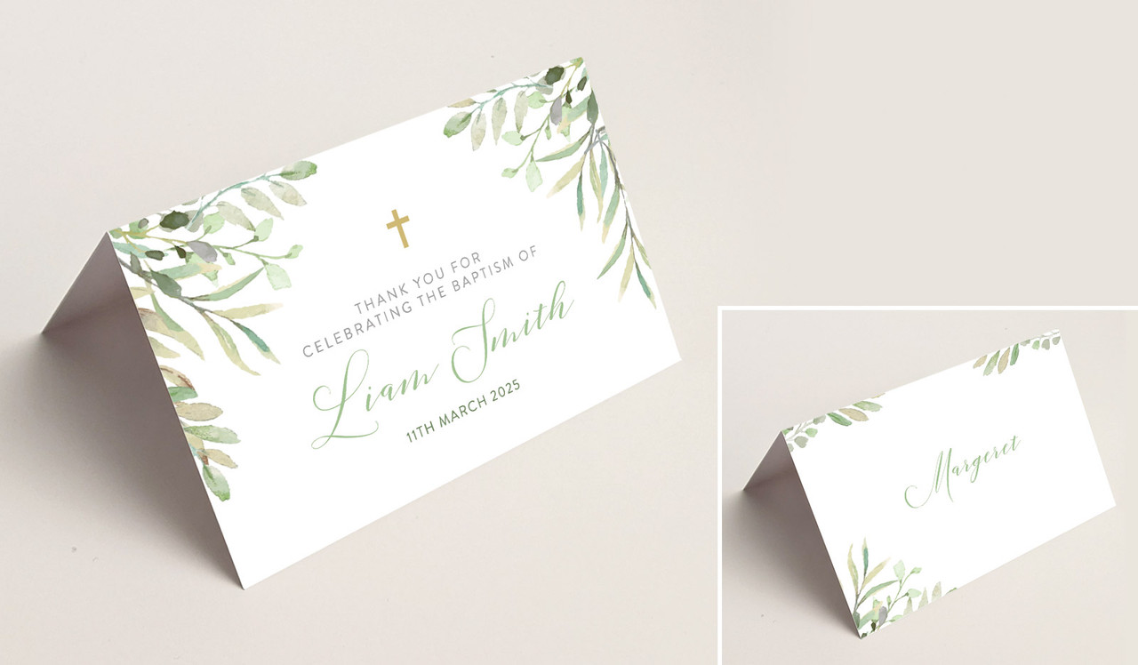 Golden Greenery Christening Place Cards With Guest Names