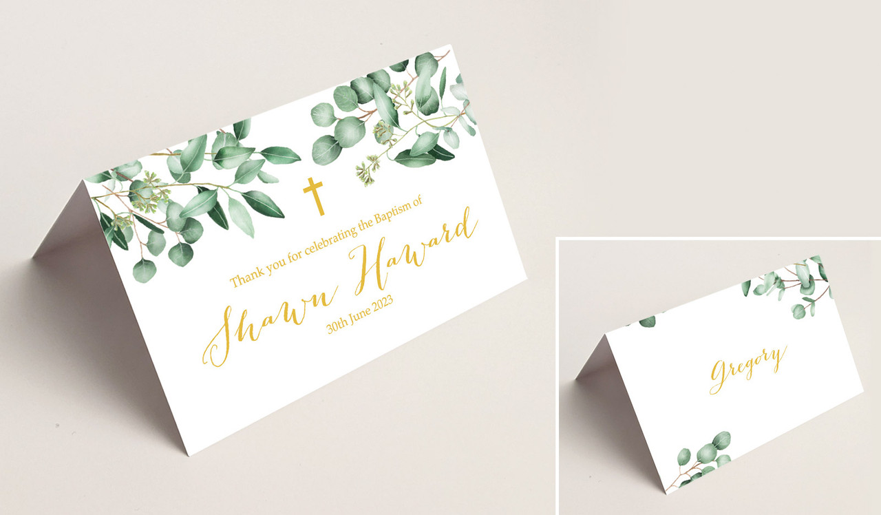 Gum Leaves & Gold Christening Place Cards With Guest Names