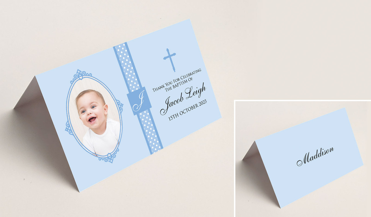 Initial Blue Christening Place Cards With Guest Names