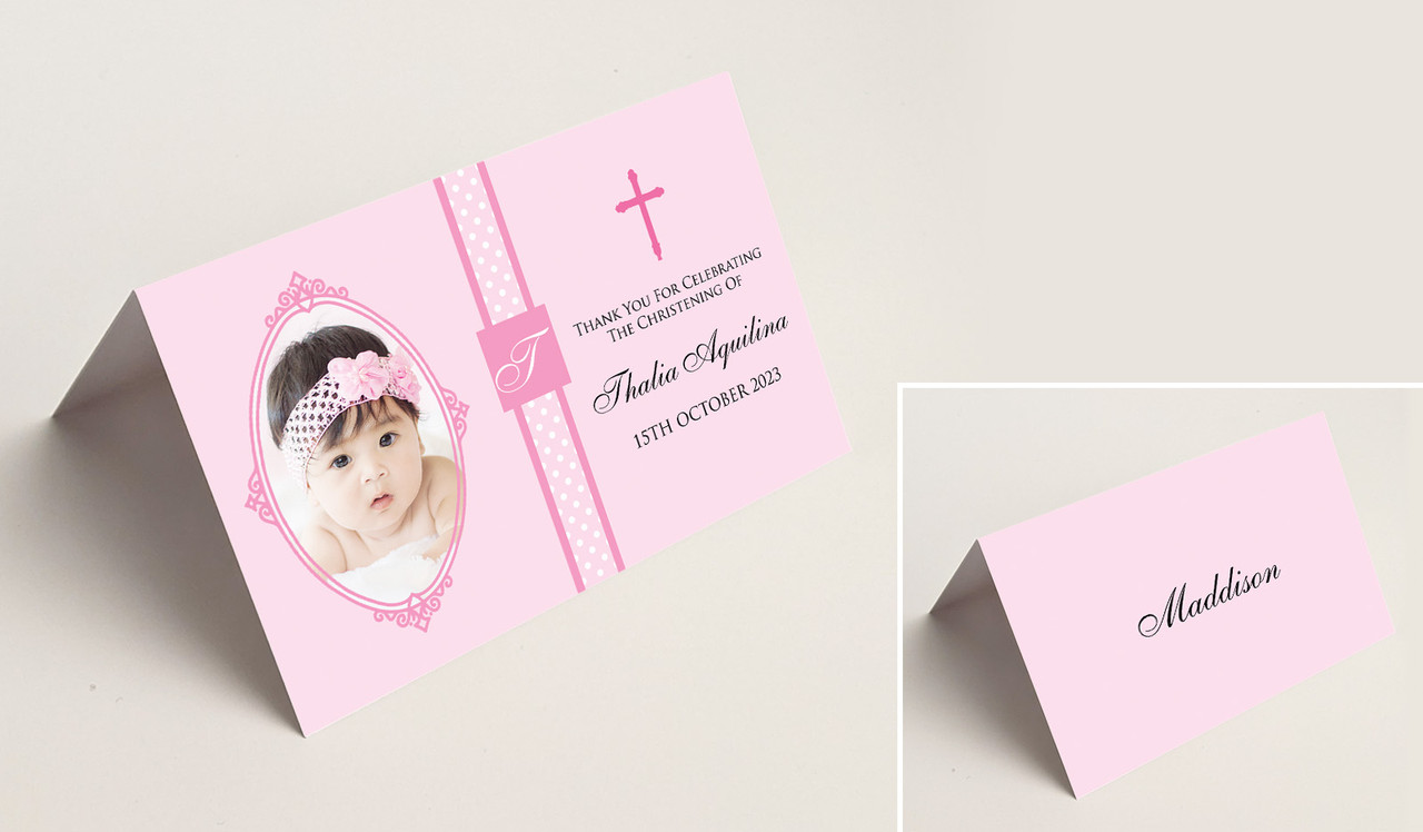 Initial Pink Christening Place Cards With Guest Names