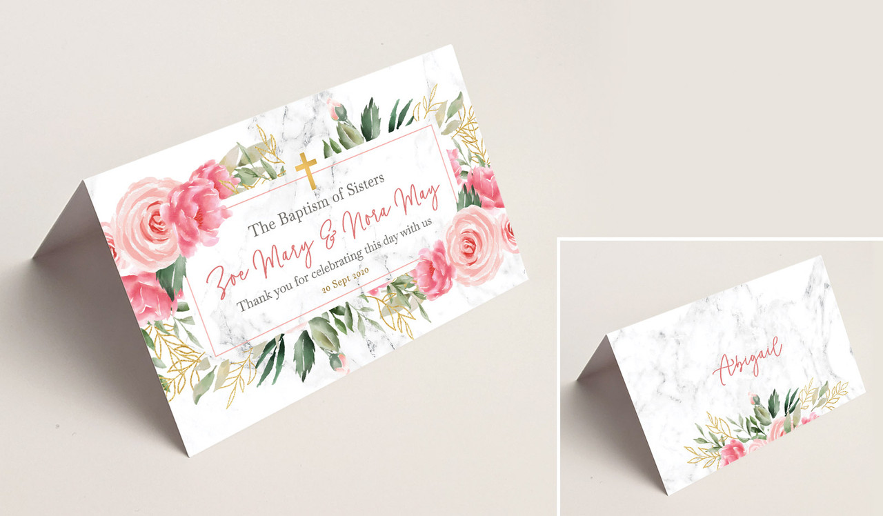 Magnificent Floral Christening Place Cards With Guest Names