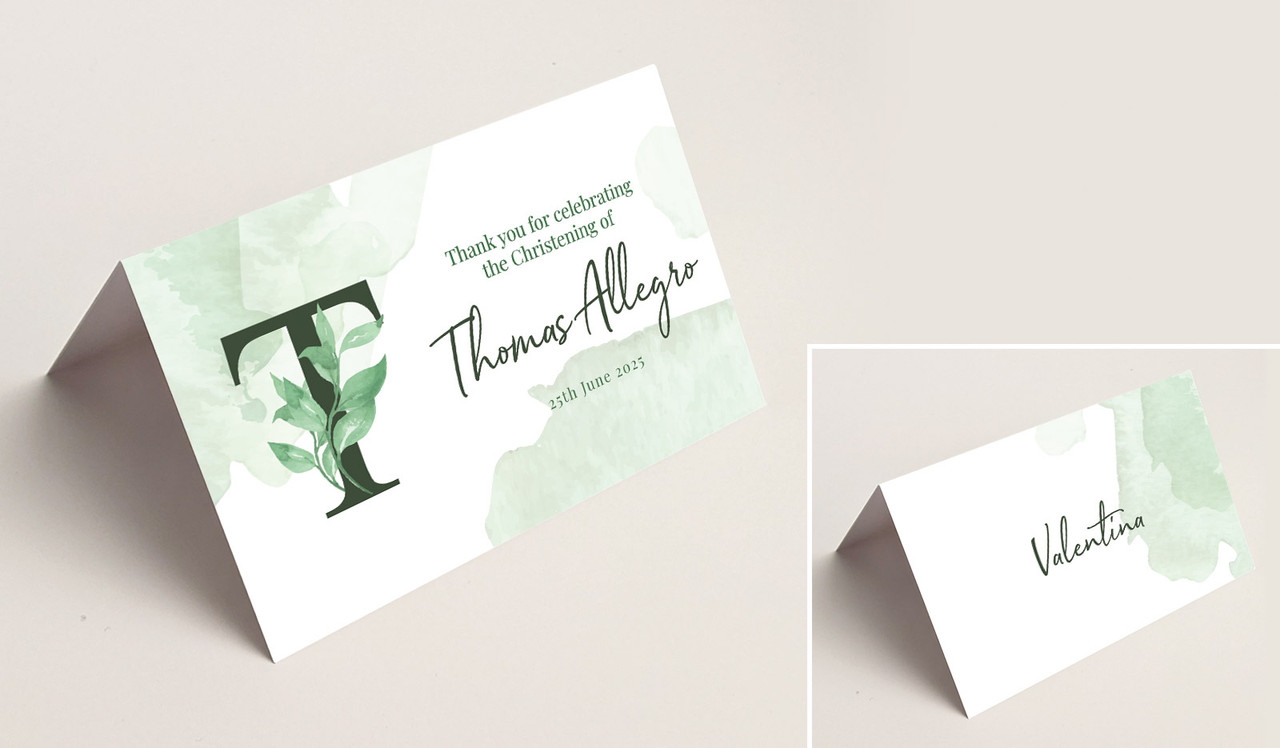 Monogram Green Christening Place Cards With Guest Names