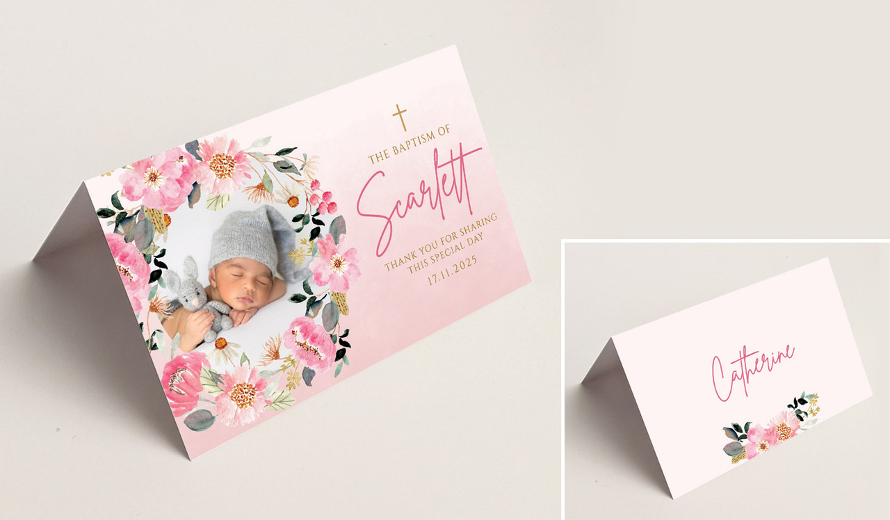 Photo On Floral Frame Christening Place Cards With Guest Names