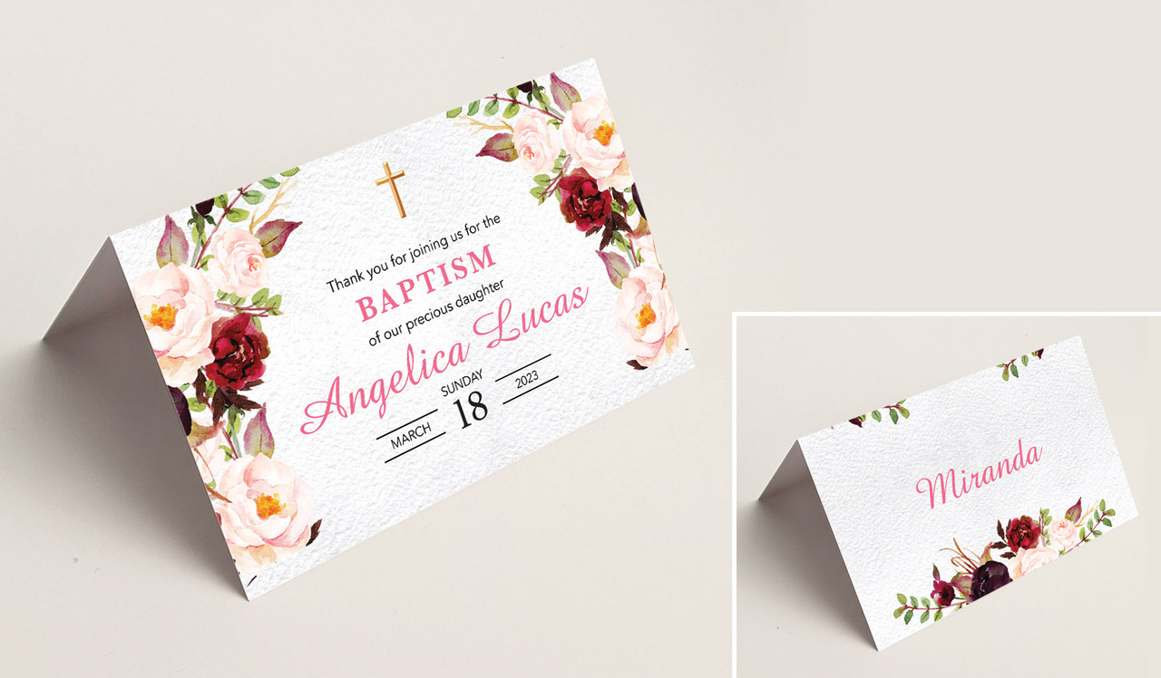 Pink Masala Christening Place Cards With Guest Names