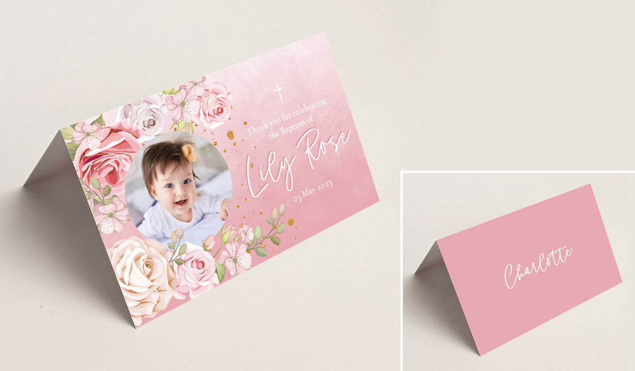 Pink Roses Christening Place Cards With Guest Names