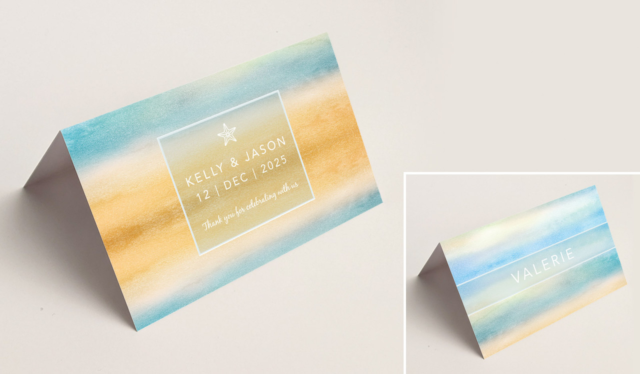 Beach Watercolour Wedding Place Cards With Guest Names