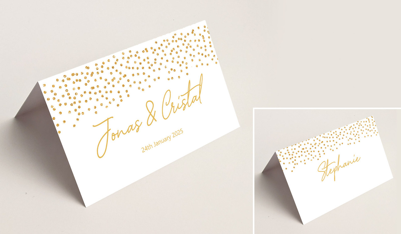 Gold Confetti On White Wedding Place Cards With Guest Names