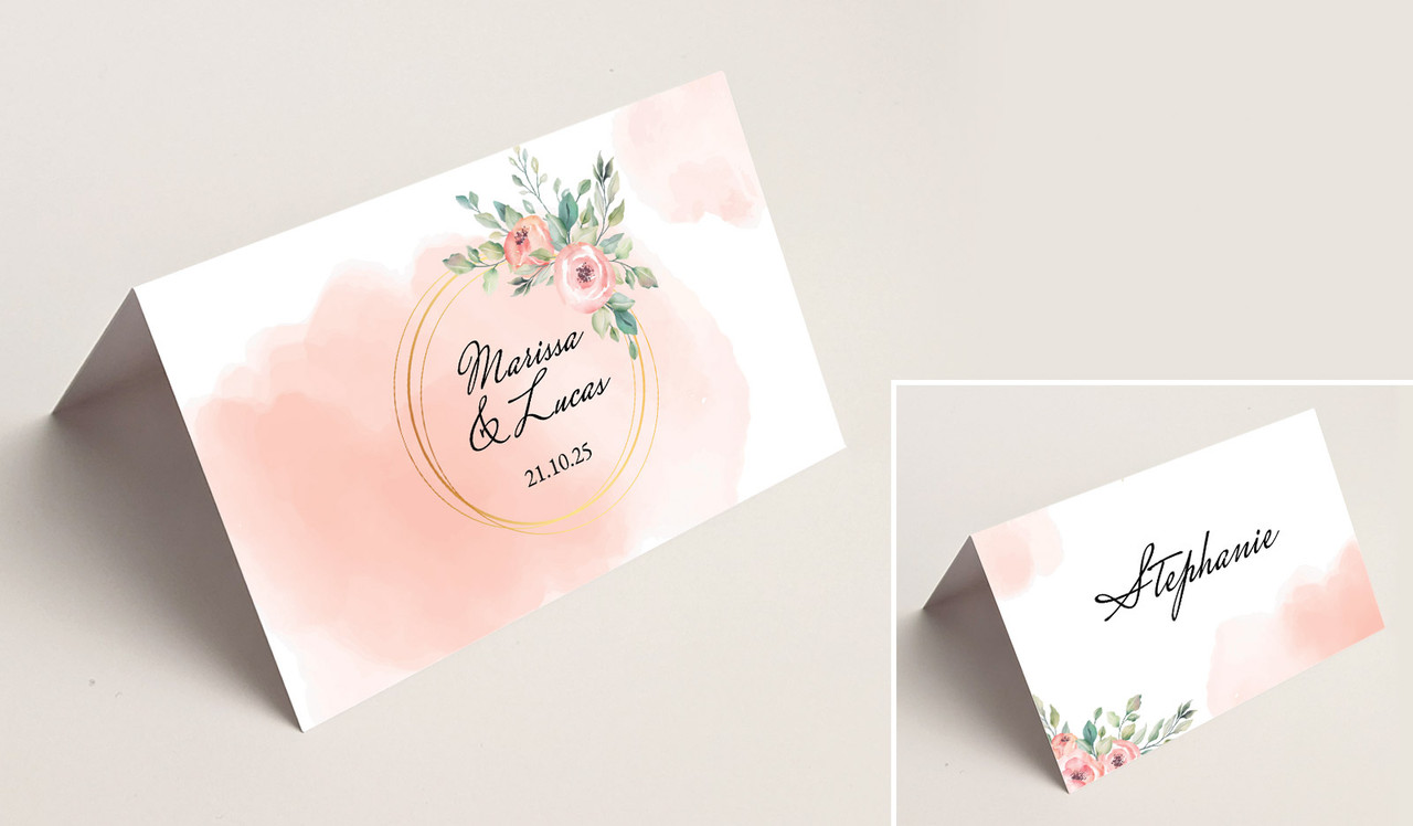 Gold Rings On Peach Wedding Place Cards With Guest Names