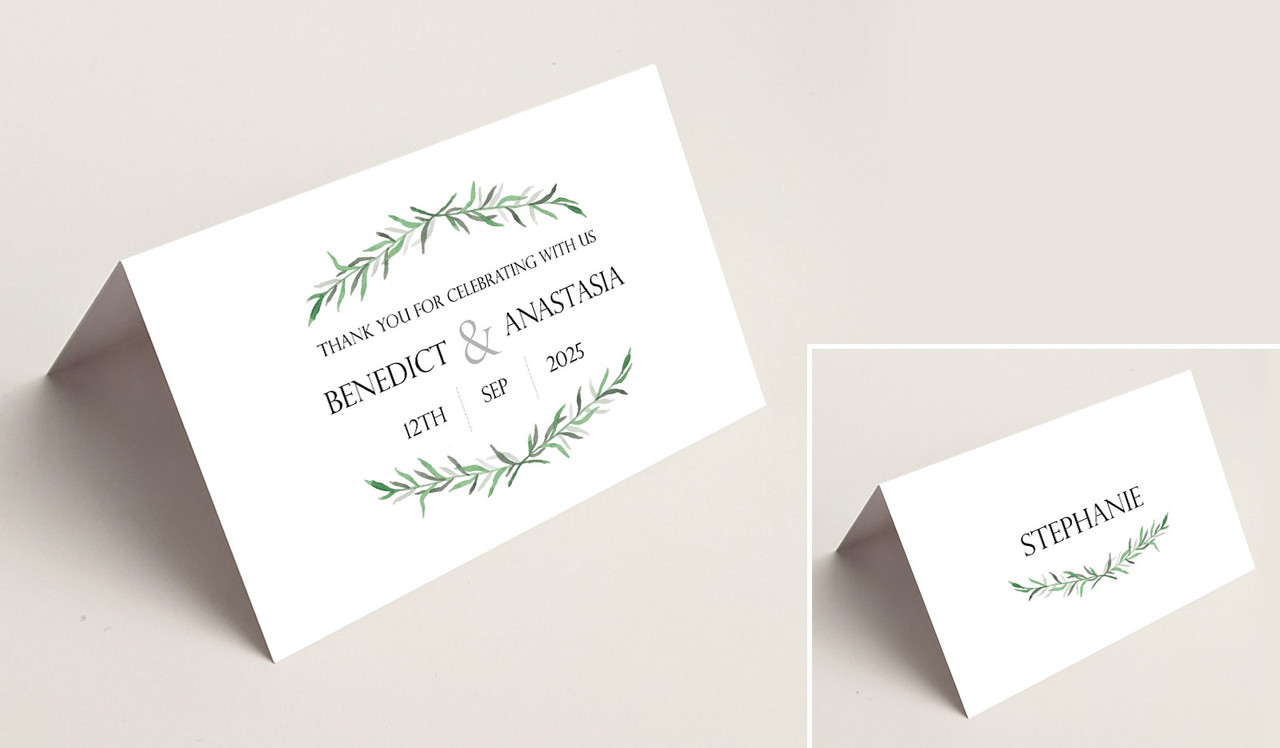 Green Branches Wedding Place Cards With Guest Names