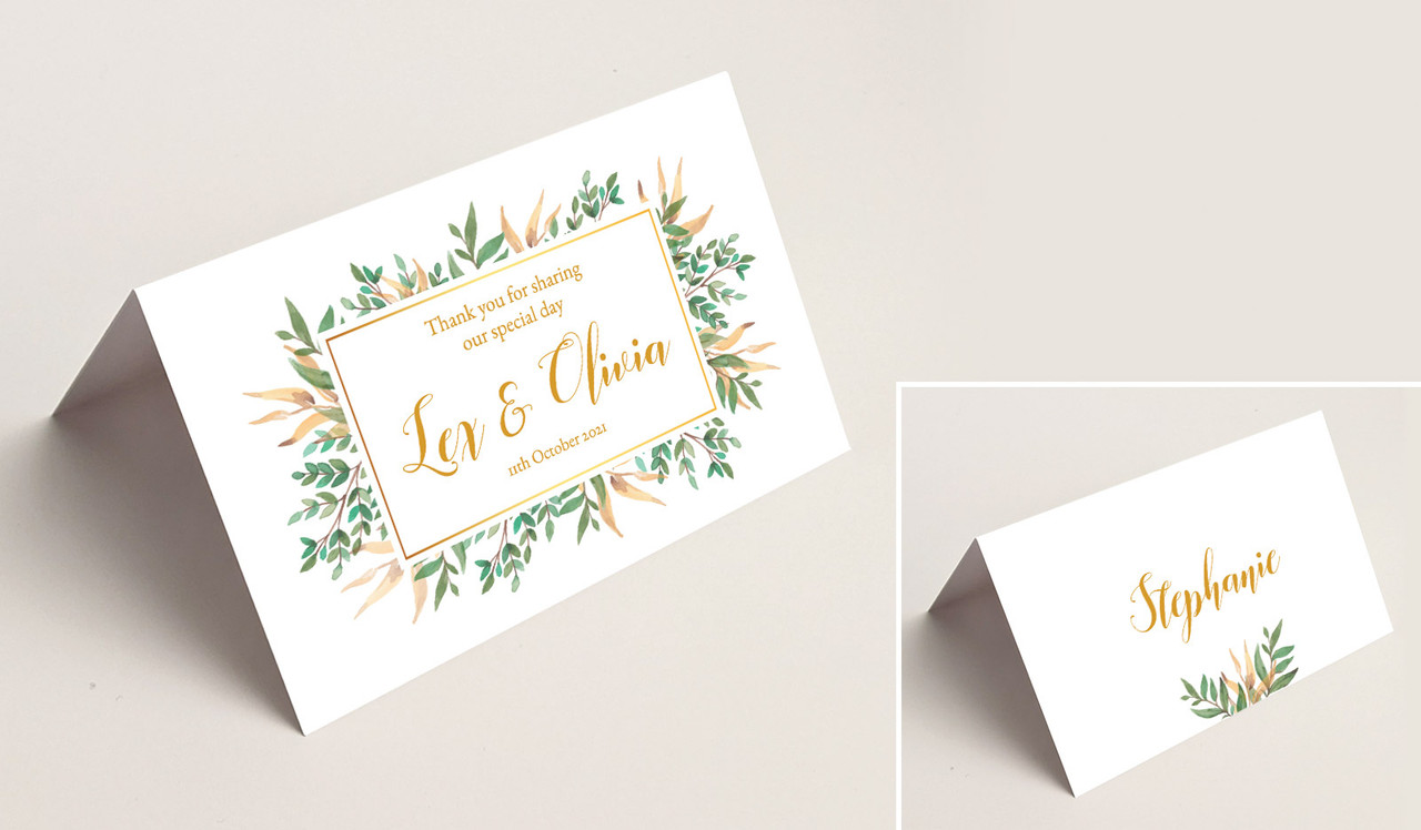 Leaves On Gold Wedding Place Cards With Guest Names