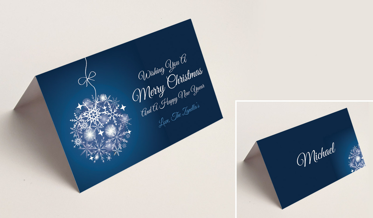 Blue Ornament Christmas Place Cards With Guest Names