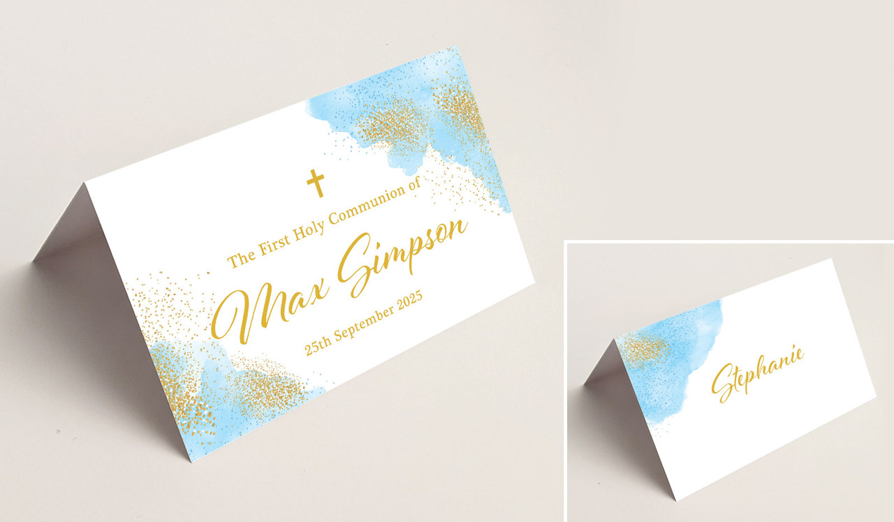 Gold Sparkle on Blue Communion Place Cards With Guest Names