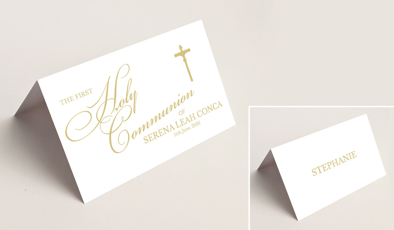 Gold Writing Communion Place Cards With Guest Names