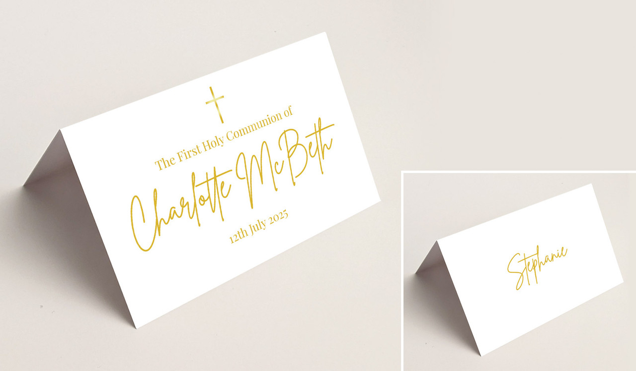 Modern White and Gold Communion Place Cards With Guest Names