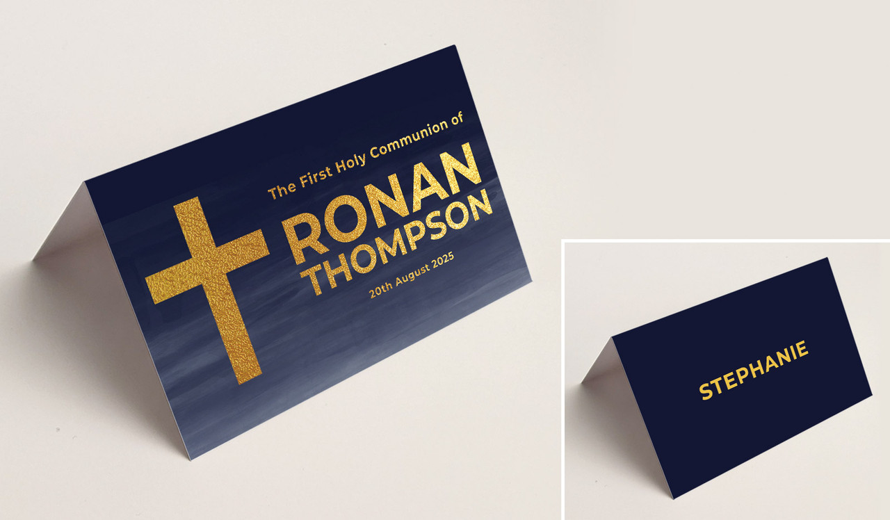 Navy Blue Watercolour Communion Place Cards With Guest Names