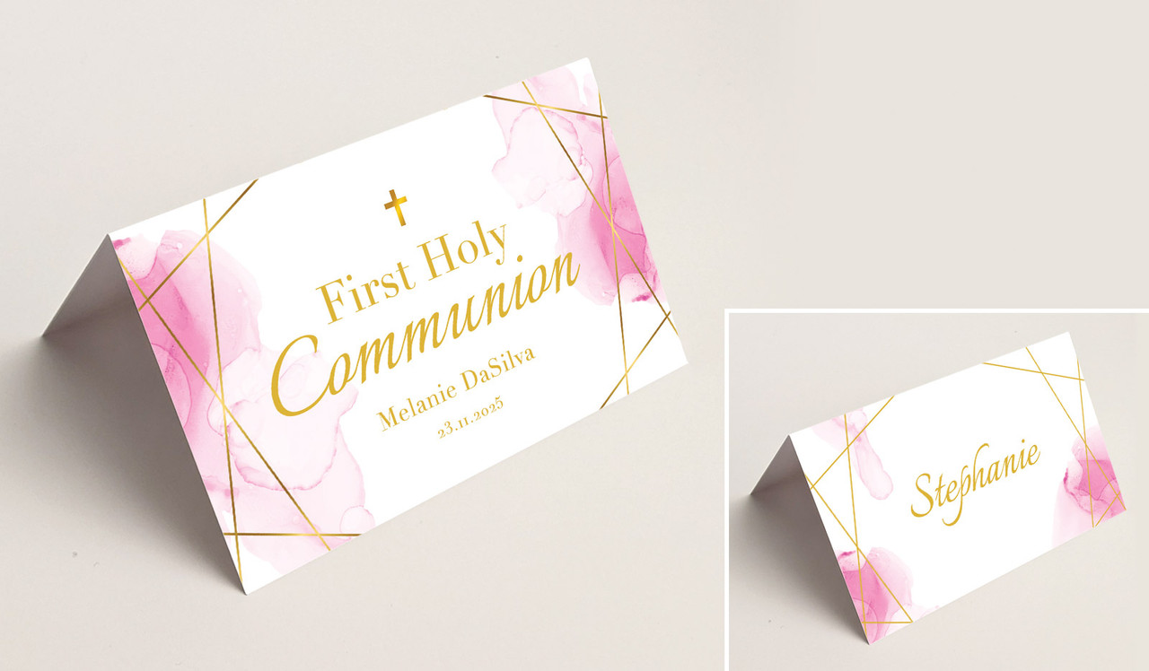 Pink Watercolour with Gold Communion Place Cards With Guest Names