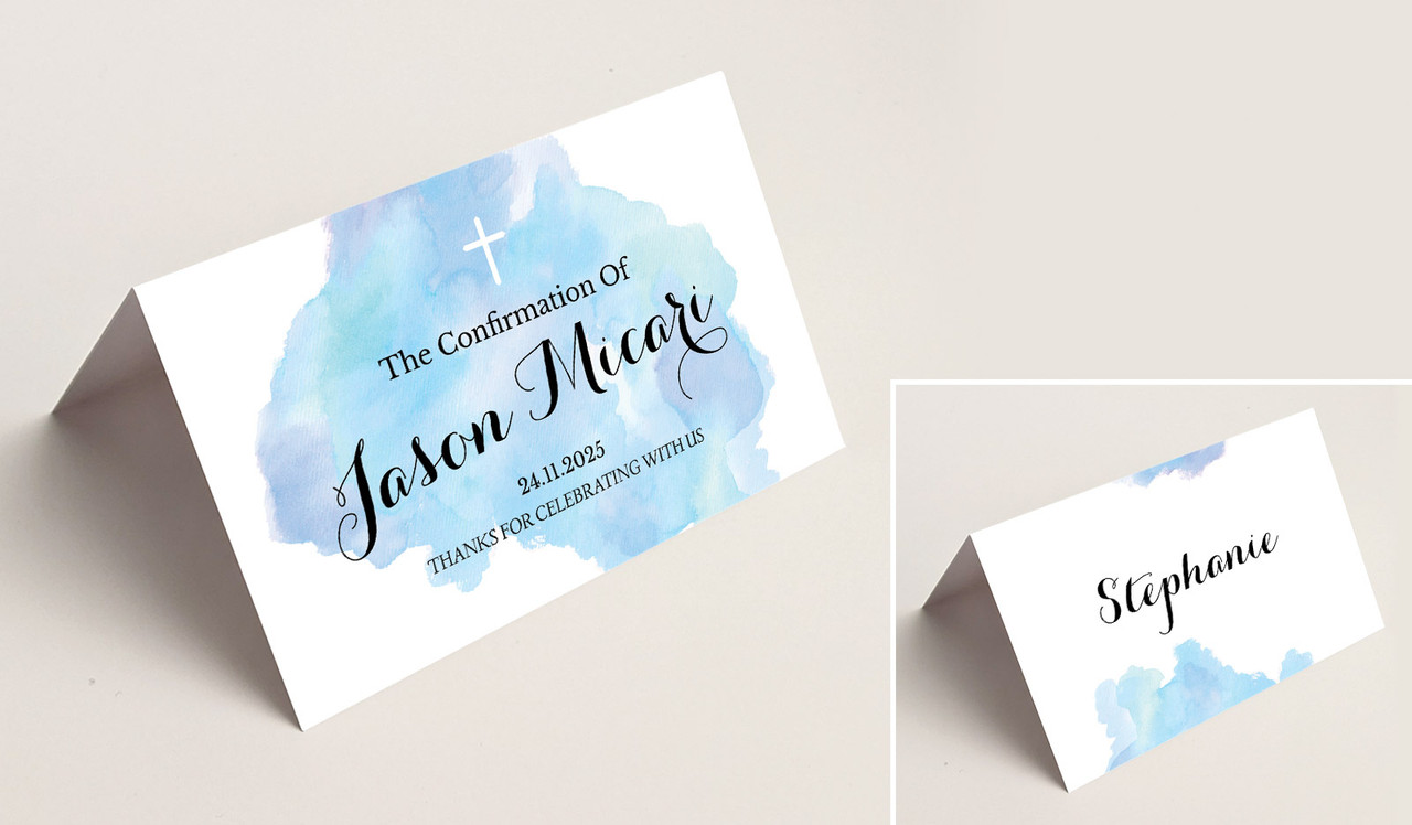 A Splash Of Watercolour Blue Confirmation Place Cards With Guest Names
