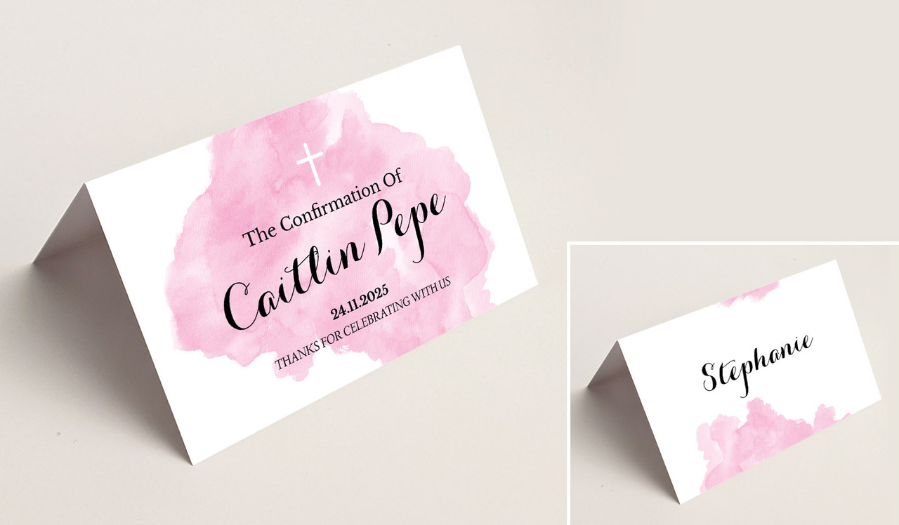 A Splash Of Watercolour Pink Confirmation Place Cards With Guest Names