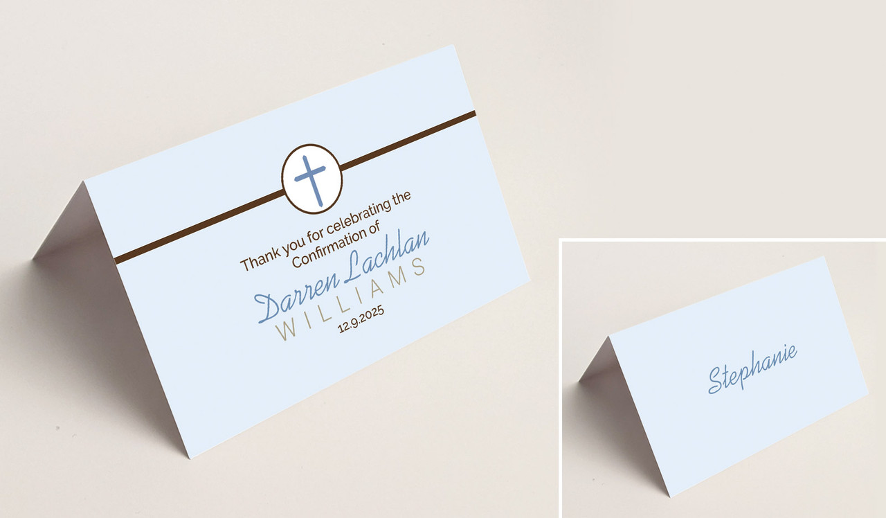 Cross Blue Confirmation Place Cards With Guest Names