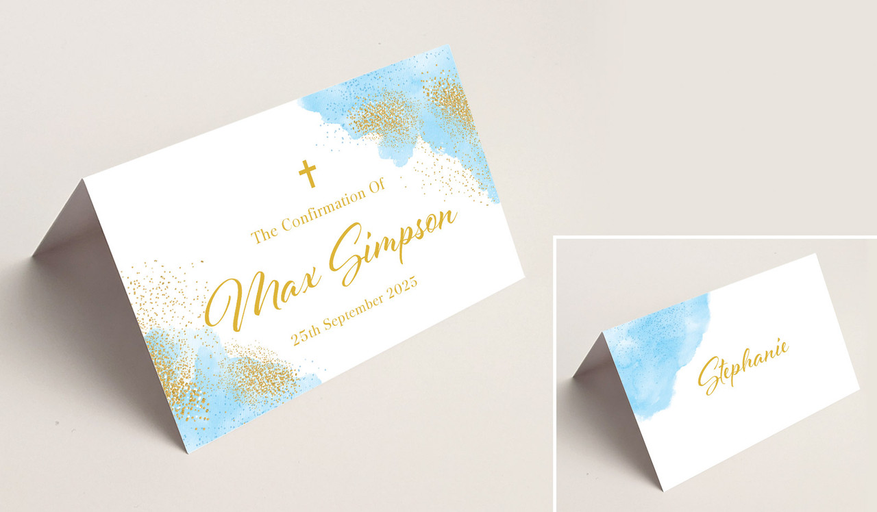Gold Sparkle on Blue Confirmation Place Cards With Guest Names