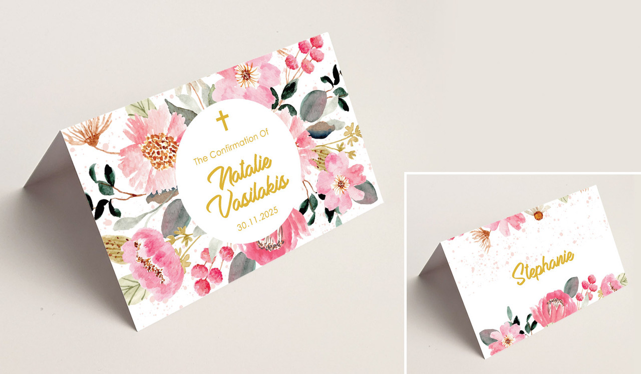 Pink Garden Confirmation Place Cards With Guest Names