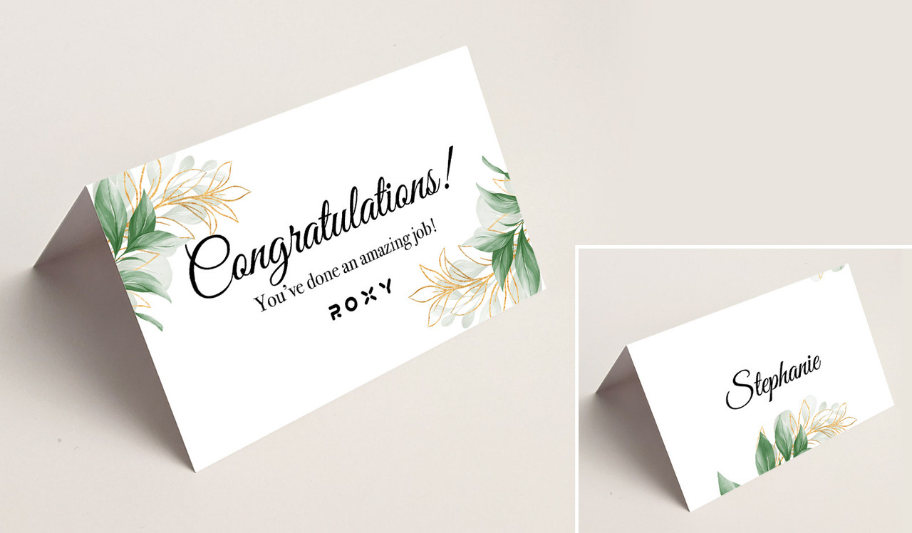 Gold And Green Leaves Congratulations Place Cards With Guest Names