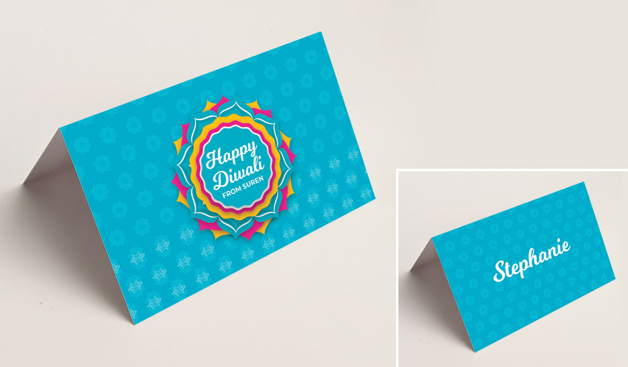 Bright Blue Diwali Place Cards With Guest Names