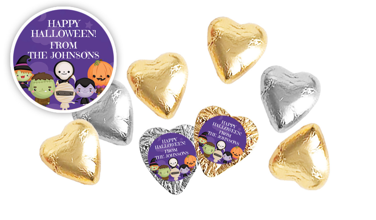 Cute Creatures Halloween Personalised Foil Chocolate Hearts