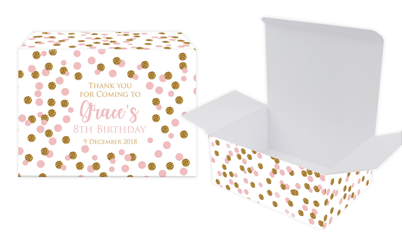 Confetti Pink And Gold Kids Party Personalised Tuck Gift Box