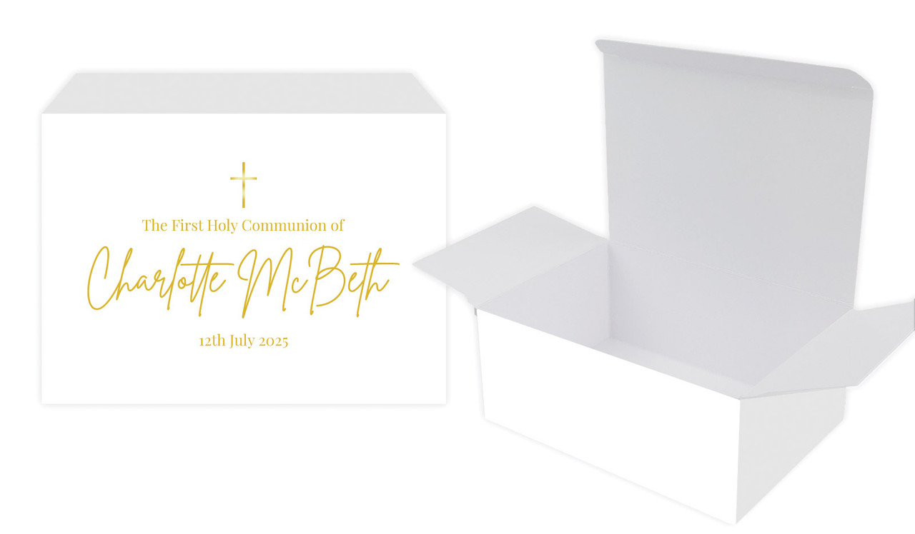 Modern White and Gold Communion Personalised Tuck Gift Box