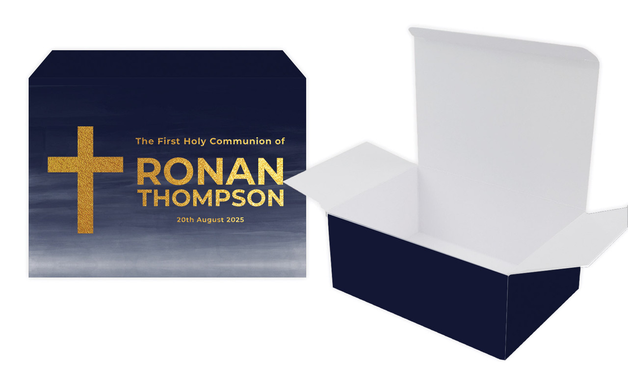 Navy Blue Watercolour Communion Personalised Tuck Gift Box