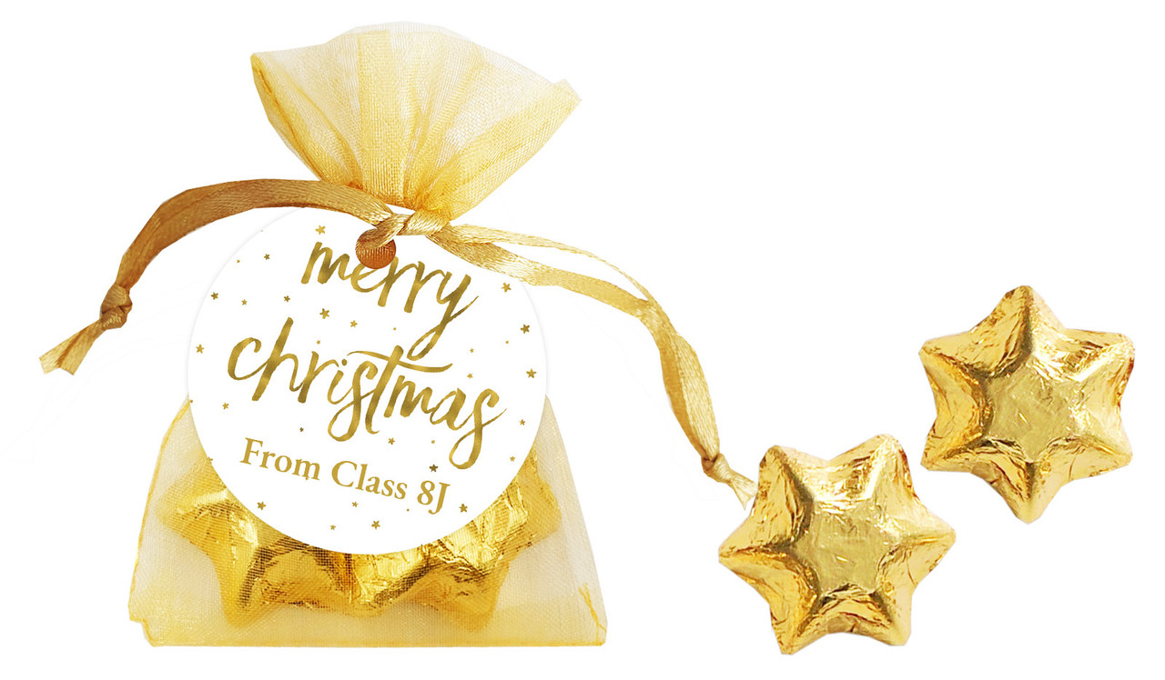 Gold Confetti Stars Christmas Organza Bag With Swing Tag