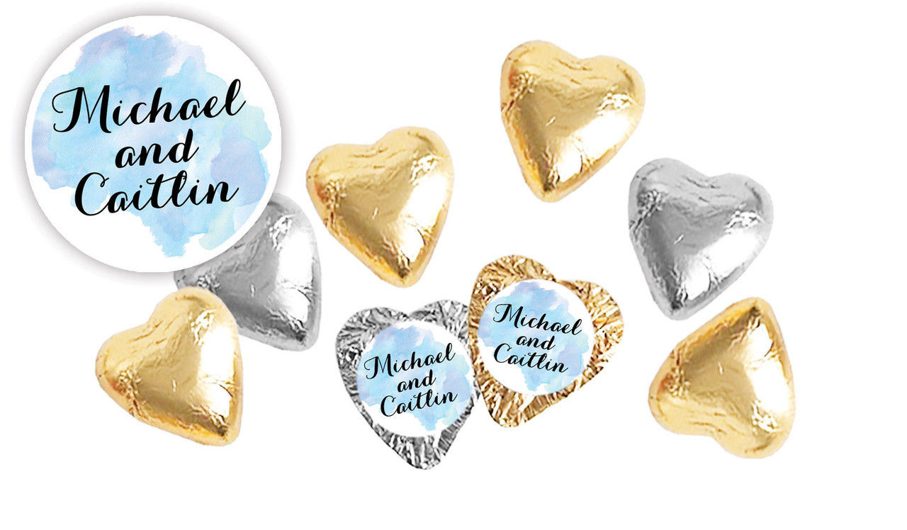 A Splash Of Watercolour Blue Personalised Foil Chocolate Hearts