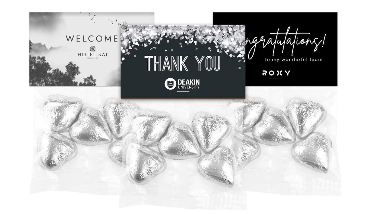 Chocolate Heart Bag With Branded Topper in silver foil