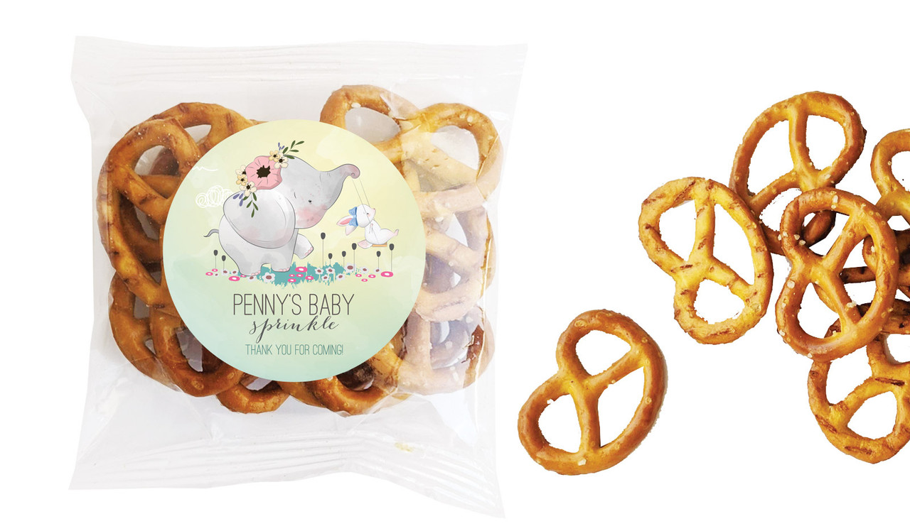 Elephant And Friend Baby Shower Personalised Bag Of Pretzels
