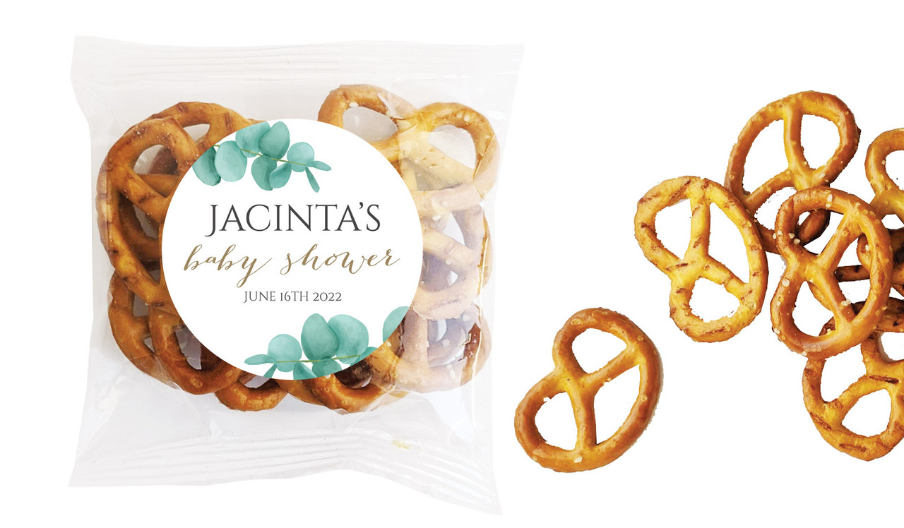 Eucalytpus Leaves Baby Shower Personalised Bag Of Pretzels