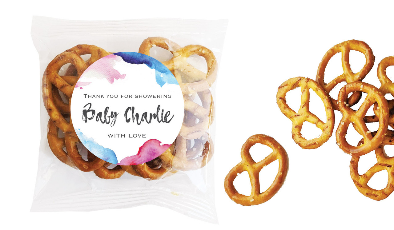 Mixed Watercolour Baby Shower Personalised Bag Of Pretzels
