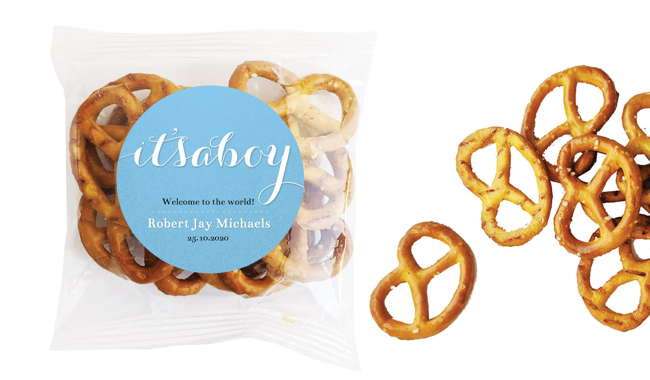 Flowing Words Boys Birth Announcement Personalised Bag Of Pretzels